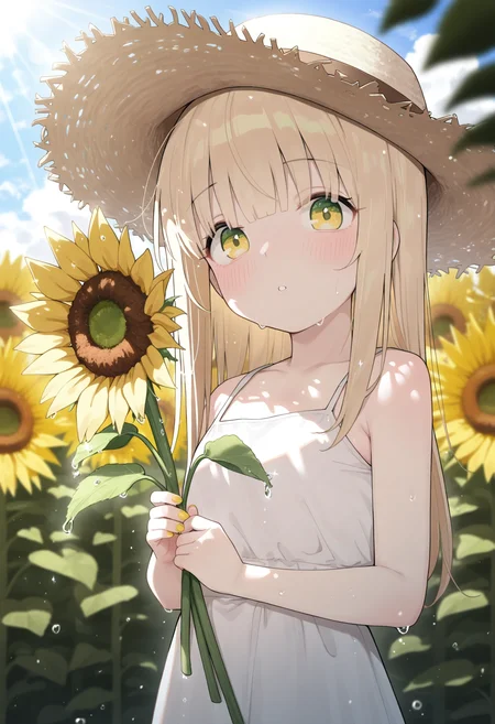 masterpiece,best quality,amazing quality,
1girl, sunflower, flower, solo, hat, long hair, holding, looking at viewer, holding flower, bangs, dress, straw hat, yellow flower, parted lips, upper body, blonde hair, yellow eyes, white dress, blush, outdoors, water drop, nail polish, bare shoulders, sleeveless dress, sleeveless, sundress, sunlight, green eyes, blurry, summer,
<lora:Healthyman_epoch_10:1>