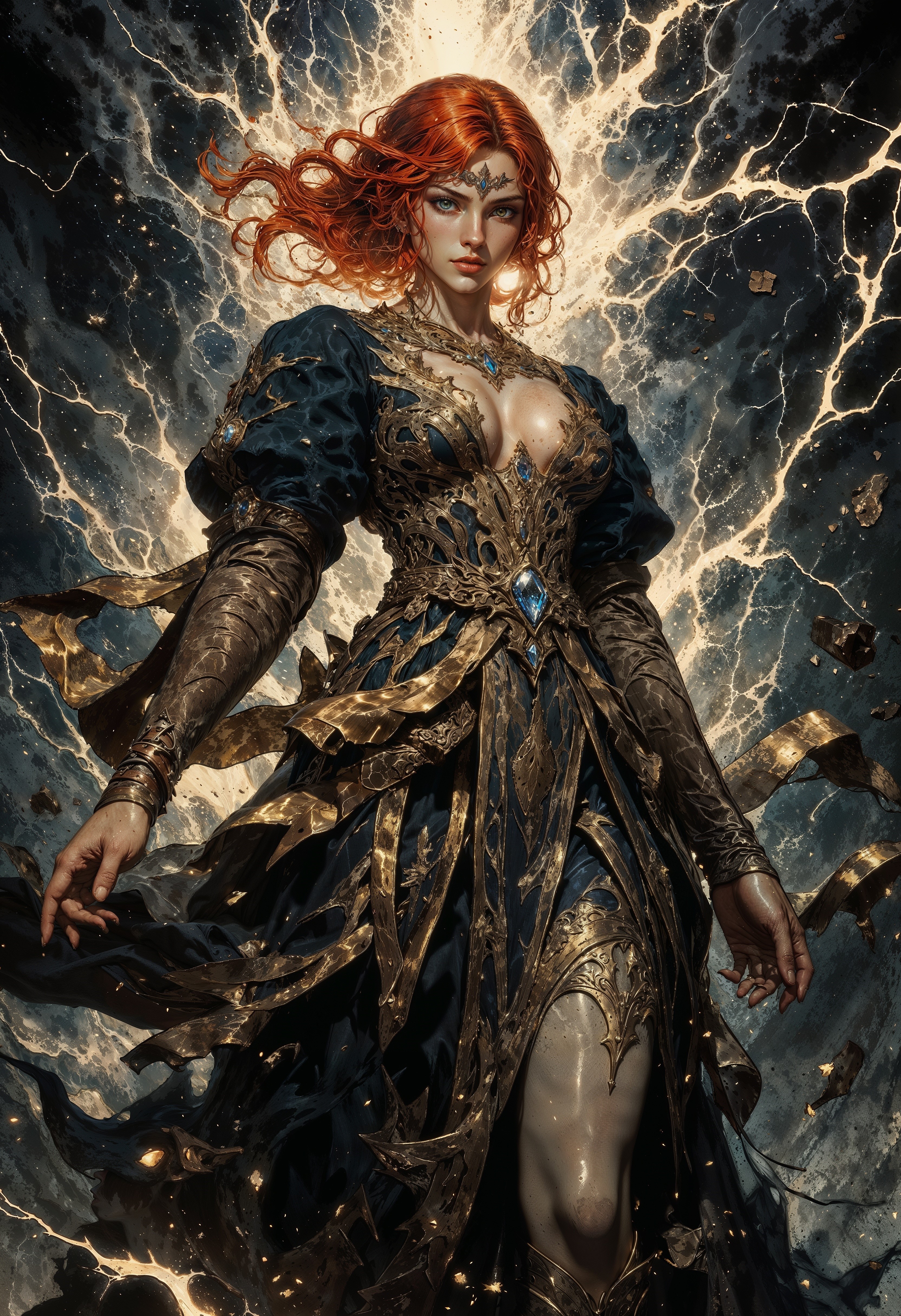 TrissMA, A highly detailed, 8K ultra-realistic digital painting in a semi-realistic, high-contrast style with subtle 90s anime influences. a woman with red hair, wearing a dark, intricately detailed dress adorned with patterns. Her skin is pale, and her expression is intense and focused. She appears to be levitating amidst a stormy backdrop, with lightning bolts and swirling winds surrounding her. The background is dark and tumultuous, with flashes of light and debris adding to the sense of movement and power. The overall color palette is dominated by dark tones with bright highlights from the lightning, creating a high-contrast and visually striking composition. <lora:FluxTrissMA:0.9>  <lora:RetroAnimeFluxV1:0.8> <lora:Elden_Ring_-_Yoshitaka_Amano:0.75> <lora:FluxMythG0thicL1nes:0.4> <lora:ck-painterly-fantasy:0.2> <lora:flux.1_lora_ink-dynamic:0.2> <lora:Mezzotint_Artstyle_for_Flux_-_by_Ethanar:0.2>