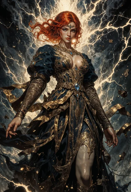 TrissMA, A highly detailed, 8K ultra-realistic digital painting in a semi-realistic, high-contrast style with subtle 90s anime influences. a woman with red hair, wearing a dark, intricately detailed dress adorned with patterns. Her skin is pale, and her expression is intense and focused. She appears to be levitating amidst a stormy backdrop, with lightning bolts and swirling winds surrounding her. The background is dark and tumultuous, with flashes of light and debris adding to the sense of movement and power. The overall color palette is dominated by dark tones with bright highlights from the lightning, creating a high-contrast and visually striking composition. <lora:FluxTrissMA:0.9> <lora:RetroAnimeFluxV1:0.8> <lora:Elden_Ring_-_Yoshitaka_Amano:0.75> <lora:FluxMythG0thicL1nes:0.4> <lora:ck-painterly-fantasy:0.2> <lora:flux.1_lora_ink-dynamic:0.2> <lora:Mezzotint_Artstyle_for_Flux_-_by_Ethanar:0.2>
