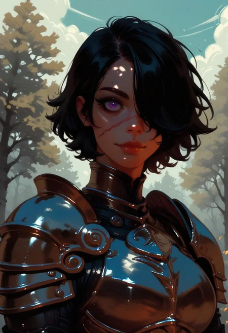 1girl, armor, scar, solo, scar on face, black hair, short hair, hair over one eye, looking at viewer, purple eyes, outdoors, upper body, breastplate, shoulder armor, tree, makeup, day, scar across eye, sky, , cloud, , shoulder plates, pauldrons, breasts, nature, eyelashes, scar on nose, scar on cheek, closed mouth, forest, blue sky, one eye covered
, <lora:Ri-MIX_A_Illustriousv2-000009:1> rimixa,, looking at viewer,, , score_9, score_8_up, score_8_up,