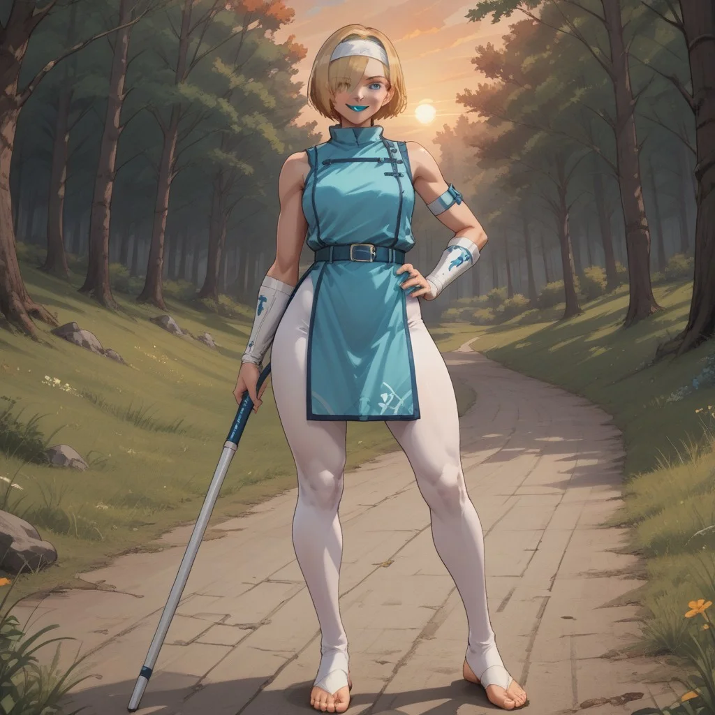 score_9, score_8, BREAK, solo, falke, aqua eyes, blonde hair, short hair, aqua lipstick, aqua lips, hair over one eye, Aqua nails, white headband, white bodysuit, collarbone, white turtleneck, belt, bracer, short pelvic curtain, toeless footwear, Golden belt buckle, sexy pose, self portrait, smile, outdoors, sunlight, shadows, evening lighting, natural lighting, forest, trees, grass, orange sky, sunset