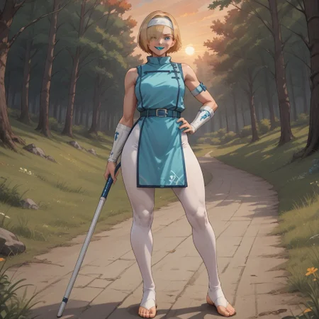 score_9, score_8, BREAK, solo, falke, aqua eyes, blonde hair, short hair, aqua lipstick, aqua lips, hair over one eye, Aqua nails, white headband, white bodysuit, collarbone, white turtleneck, belt, bracer, short pelvic curtain, toeless footwear, Golden belt buckle, sexy pose, self portrait, smile, outdoors, sunlight, shadows, evening lighting, natural lighting, forest, trees, grass, orange sky, sunset