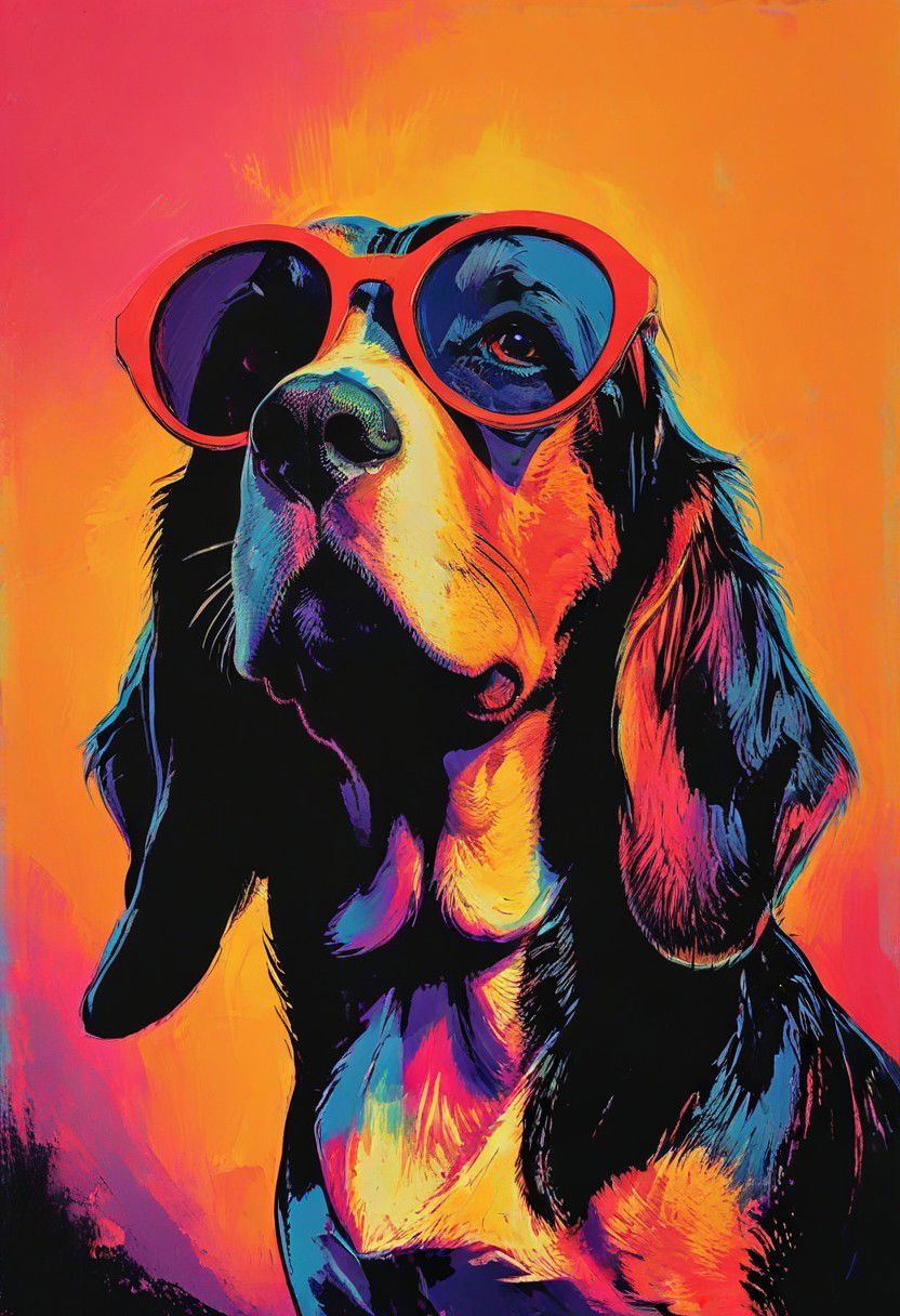 impactful color paint of, a Basset Hound, wearing dark sunglasses, highly detailed, vibrant colors , 8k, sharp, professional, clear, high contrast, high saturated, , vivid deep blacks, crystal clear