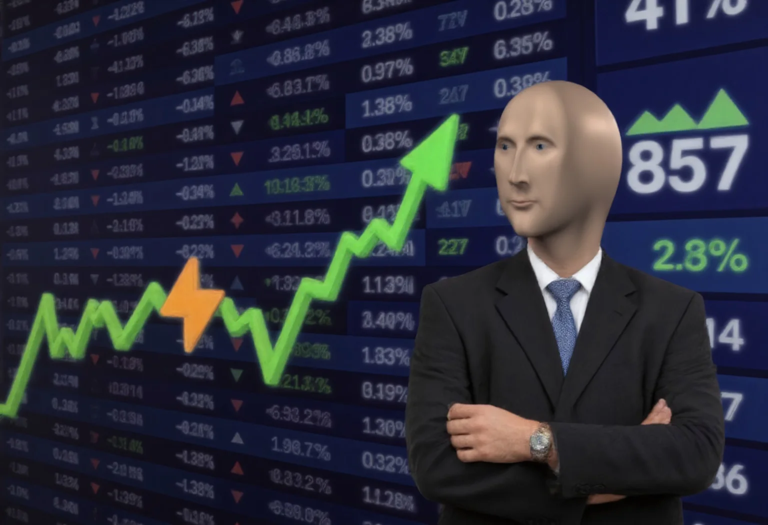 stonksguy as a businessman with arms crossed. background is civitaiLogo uptrending financial charts with green arrows, SuchBuzzLogo, numbers, and large percentile gains