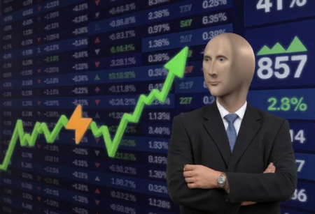 stonksguy as a businessman with arms crossed. background is civitaiLogo uptrending financial charts with green arrows, SuchBuzzLogo, numbers, and large percentile gains