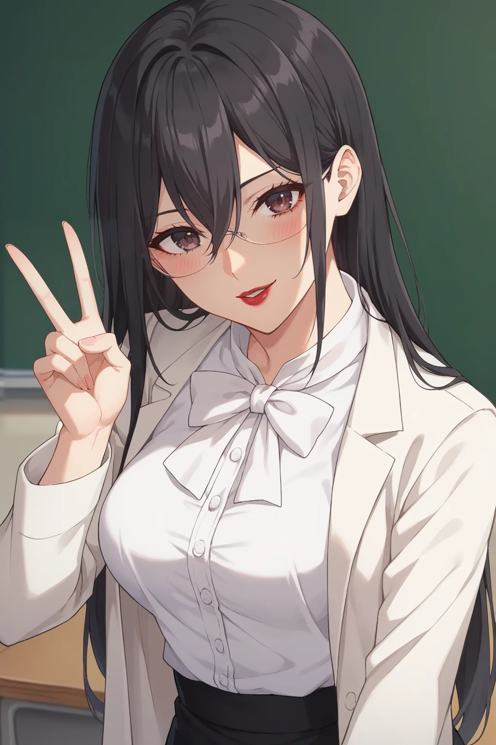 score_9, score_8_up, score_7_up, source_anime, 1girl, prefect lighting, very aesthetic, intricate details, highly detailed background, masterpiece, high quality, prefect hands, best quality, solo,
<lora:Mayuri_Hanyu_2.5_Dimensional_Seduction_V1:.85>, KJOmayuri, black hair, dark eyes, long hair, hair between eyes, glasses, red lips,
white lab coat, long sleeves, white shirt, white bowtie, black pencil skirt, black pantyhose,
peace sign, seductive smile, head tilt, blush, parted lips, tongue out,
classroom, office desk, bulletin board,
(Beautiful, medium Breasts:1.2), natural breasts,