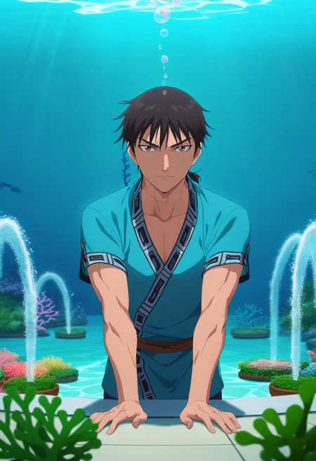 masterpiece, best quality, intricate details, anime screencap, anime coloring, , looking at viewer, depth of field, 1boy, solo, male focus, <lora:xin_kingdom_ilxl:0.96>, xin_kingdom, black hair, brown eyes, short hair, low ponytail, , , underwater garden, kelp forests, bubble fountains, coral beds, tending pose, gentle expression, aqua lighting,