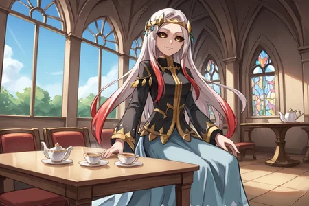 score_9, score_8_up, score_7_up, source anime, BREAK, <lora:Maxwell:0.7> , mxwdef, 1girl, colored sclera, black sclera, yellow eyes, white hair, long hair, multicolored hair, (red highlights), circlet, black dress, black sleeves, gold trim, blue sarong, sarong, see-through sarong, cowboy shot, looking at viewer, scenery, interior, living room, sitting in chair, tea, tea set, table in front of girl, church, garden, <lora:backgroundsetXL:0.2> , background, (solo), smile, <lora:hand 4:0.45> , Hand, hands, perfect hands,   <lora:HerrscherAGGA2024_CuteToon_Minus_PonyXL:0.6>