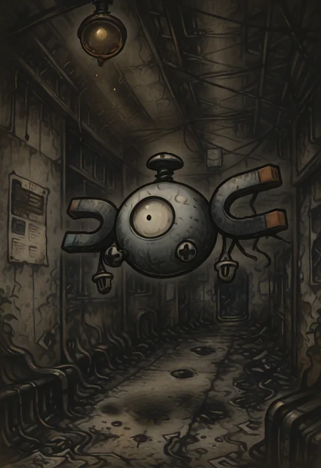 masterpiece, best quality,     y0k4i, <lora:YokaiPokedex_IXL:1.0>,   zzMgnmt, abandoned factory, machines, night,   ,<lora:MagnemitePokedex_IXL:1.0>,