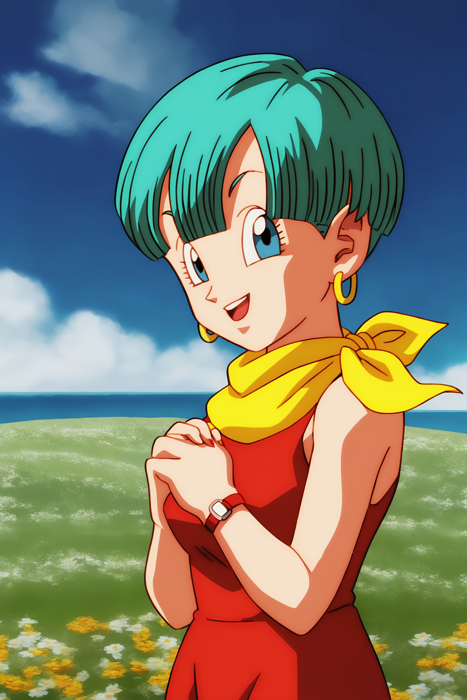 source_anime, score_9, score_8_up, score_7_up, anime screencap, absurd res, high quality, 
bulma, DBZ, red buu saga outfit, buu saga, official style, 1girl, solo, looking at viewer, smile, short hair, open mouth, blue eyes, field, bowl cut, hoop earrings, sky, sleeveless dress, cloud, yellow neckerchief, bracelet, aqua hair, red dress, own hands together, bare shoulders, wristwatch, eyelashes, outdoors
<lora:DB_Bulma_v2-000046:0.8>