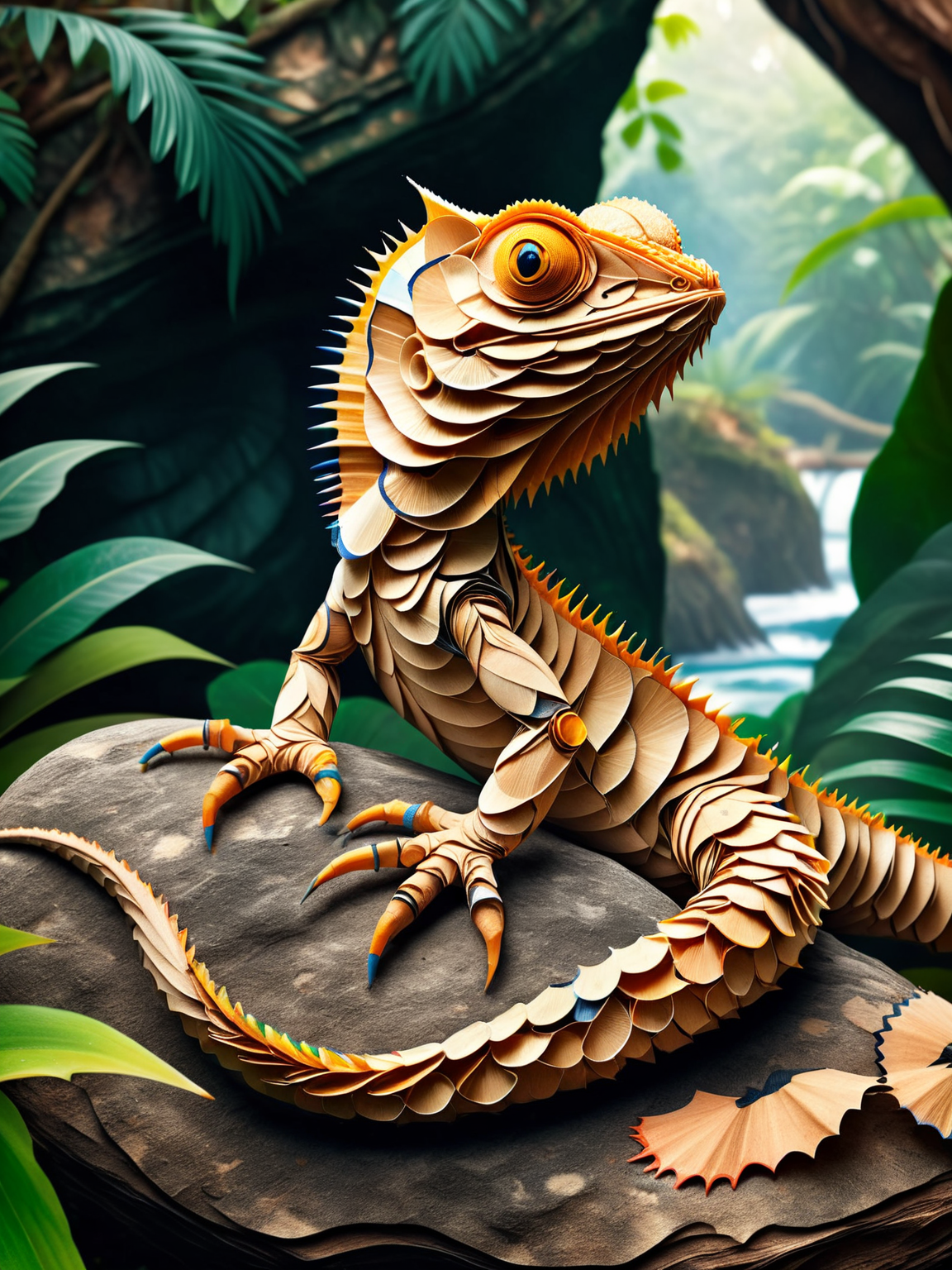 A ais-pencilshavings lizard, sat on a rock in the jungle, dynamic, cinematic, masterpiece, intricate, hdr.  <lora:Pencil_Shavings_Style_SDXL:1>