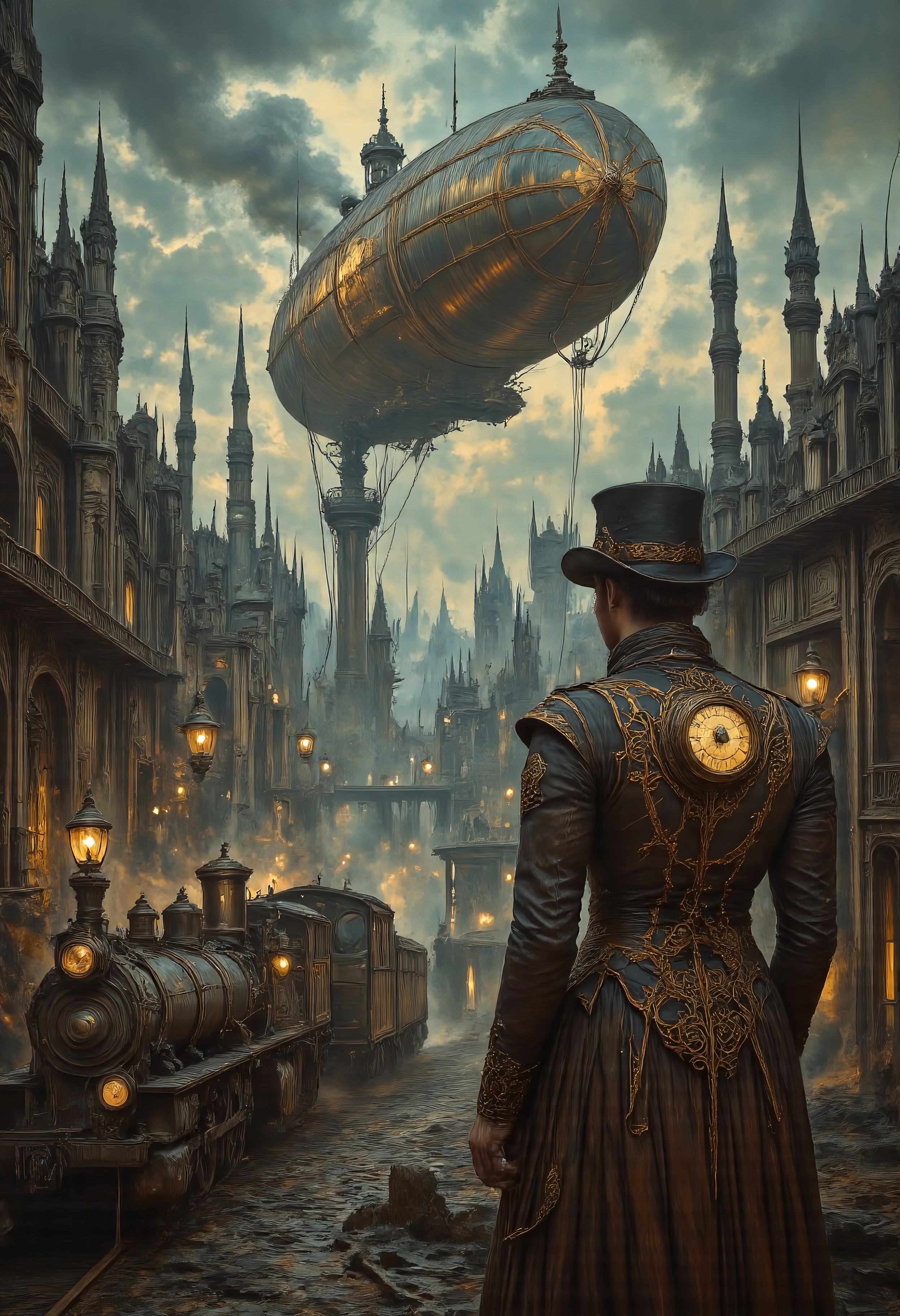 Masterpiece, best quality, steampunk. Wide shot, landscape, chiaroscuro lighting, dramatic shadows. A wide shot of a highly detailed grand steampunk cityscape at dusk, where towering gothic buildings adorned with gears, pipes, and glowing vacuum tubes rise above cobblestone streets. A massive brass and copper airship hovers in the sky, venting steam as it prepares to dock at a floating platform. Below, steam locomotives chug along elevated railways, covered with intricate clockwork machines and crackling Tesla coils. A daring airship pirate, clad in a leather duster and top hat with built-in goggles, leaps from a dirigible onto the deck of a rival vessel, wielding a steam-powered grappling gun. A mechanical automaton with exposed brass pistons and a glowing core stands guard, its monocle reflecting the city lights. The atmosphere is foggy with a golden glow from gas lamps, mixing with the steam venting from underground, creating a rich, cinematic scene of adventure and innovation. Steampunk Apparel, Jed-stmpnk, steampunk