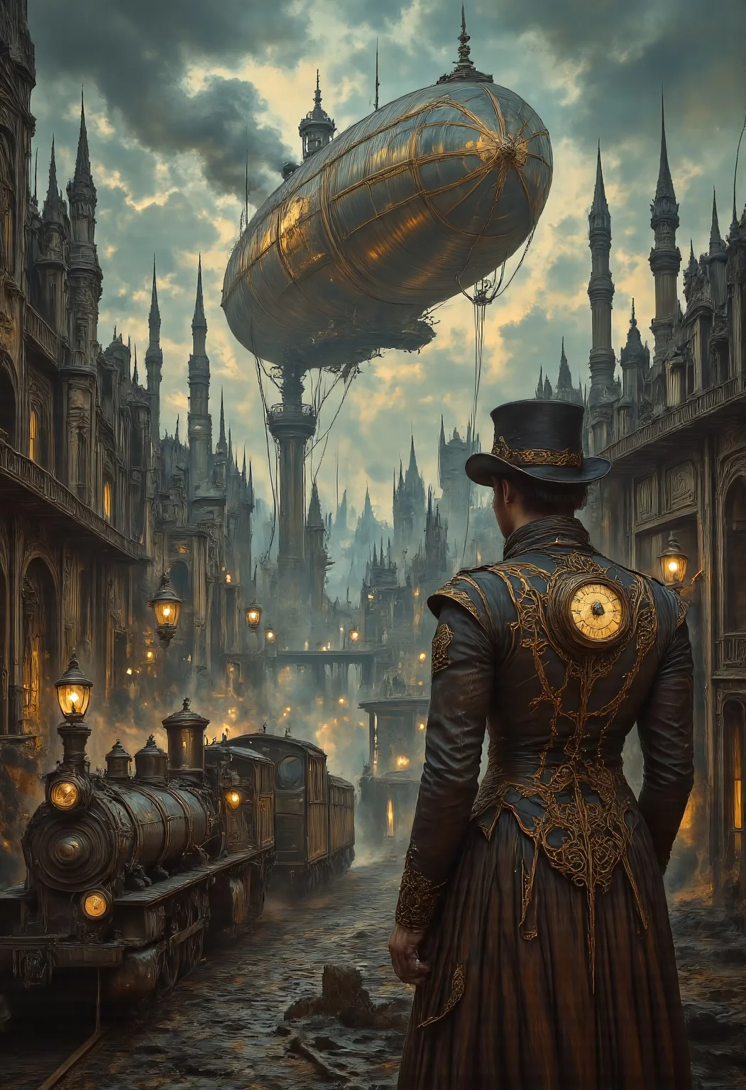 Masterpiece, best quality, steampunk. Wide shot, landscape, chiaroscuro lighting, dramatic shadows. A wide shot of a highly detailed grand steampunk cityscape at dusk, where towering gothic buildings adorned with gears, pipes, and glowing vacuum tubes rise above cobblestone streets. A massive brass and copper airship hovers in the sky, venting steam as it prepares to dock at a floating platform. Below, steam locomotives chug along elevated railways, covered with intricate clockwork machines and crackling Tesla coils. A daring airship pirate, clad in a leather duster and top hat with built-in goggles, leaps from a dirigible onto the deck of a rival vessel, wielding a steam-powered grappling gun. A mechanical automaton with exposed brass pistons and a glowing core stands guard, its monocle reflecting the city lights. The atmosphere is foggy with a golden glow from gas lamps, mixing with the steam venting from underground, creating a rich, cinematic scene of adventure and innovation. Steampunk Apparel, Jed-stmpnk, steampunk