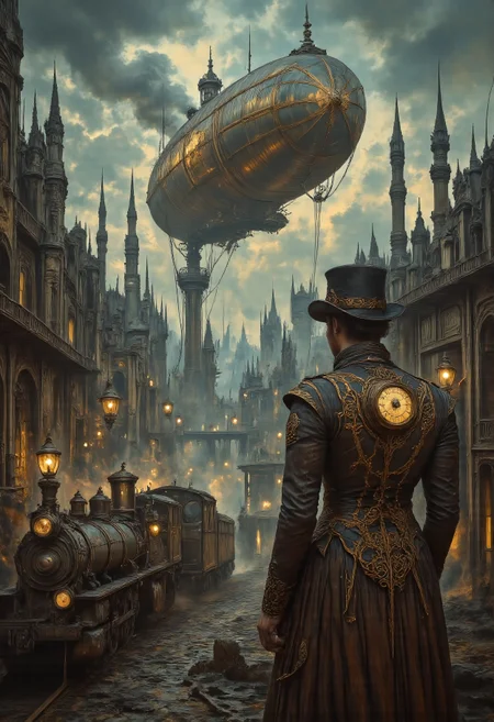 Masterpiece, best quality, steampunk. Wide shot, landscape, chiaroscuro lighting, dramatic shadows. A wide shot of a highly detailed grand steampunk cityscape at dusk, where towering gothic buildings adorned with gears, pipes, and glowing vacuum tubes rise above cobblestone streets. A massive brass and copper airship hovers in the sky, venting steam as it prepares to dock at a floating platform. Below, steam locomotives chug along elevated railways, covered with intricate clockwork machines and crackling Tesla coils. A daring airship pirate, clad in a leather duster and top hat with built-in goggles, leaps from a dirigible onto the deck of a rival vessel, wielding a steam-powered grappling gun. A mechanical automaton with exposed brass pistons and a glowing core stands guard, its monocle reflecting the city lights. The atmosphere is foggy with a golden glow from gas lamps, mixing with the steam venting from underground, creating a rich, cinematic scene of adventure and innovation. Steampunk Apparel, Jed-stmpnk, steampunk