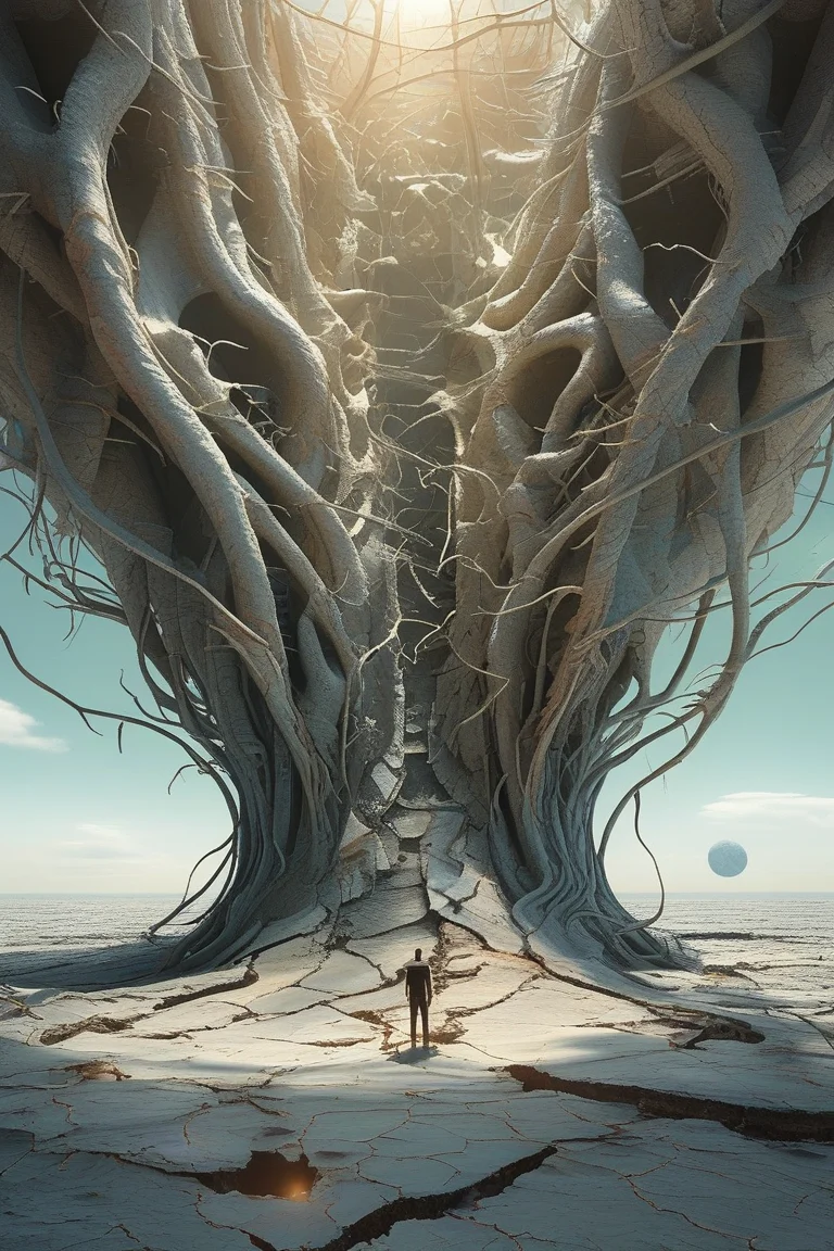 A 3D render of a surreal landscape with a man standing at the center, observing a large, intricate, and organic-looking structure that seems to be cracking or breaking apart. The structure extends upwards and outwards, with tendrils and branches resembling tree roots or tentacles. Above the structure, there's a bright light source emanating from the center, casting a glow on the scene. In the background, a desolate landscape with barren trees and cracked ground stretches out, and a small planet or moon can be seen in the sky.