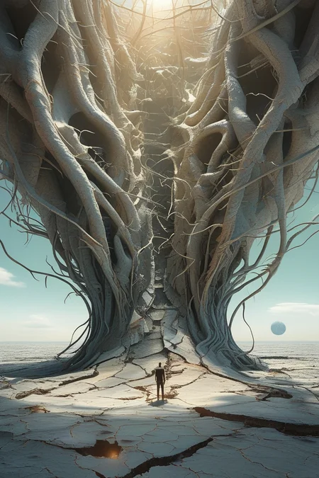 A 3D render of a surreal landscape with a man standing at the center, observing a large, intricate, and organic-looking structure that seems to be cracking or breaking apart. The structure extends upwards and outwards, with tendrils and branches resembling tree roots or tentacles. Above the structure, there's a bright light source emanating from the center, casting a glow on the scene. In the background, a desolate landscape with barren trees and cracked ground stretches out, and a small planet or moon can be seen in the sky.