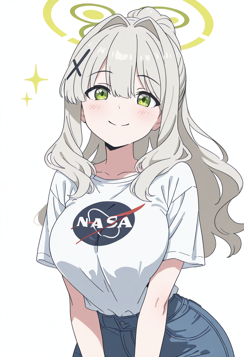 masterpiece, best quality, solo, curvy, beautiful eyes, narrow waist, wide hips, 1girl, solo, smile, looking at viewer,   zzHare, green eyes, grey hair, long hair, ponytail, x hair ornament, hair between eyes, green halo, hair intakes,   <lora:OmagariHareBlueArchive_IXL_v1:1.0>, , smile, looking at viewer, N4S4, white shirt, denim skirt, ,<lora:NASAShirtAnime_IXL_v1:1.0>,