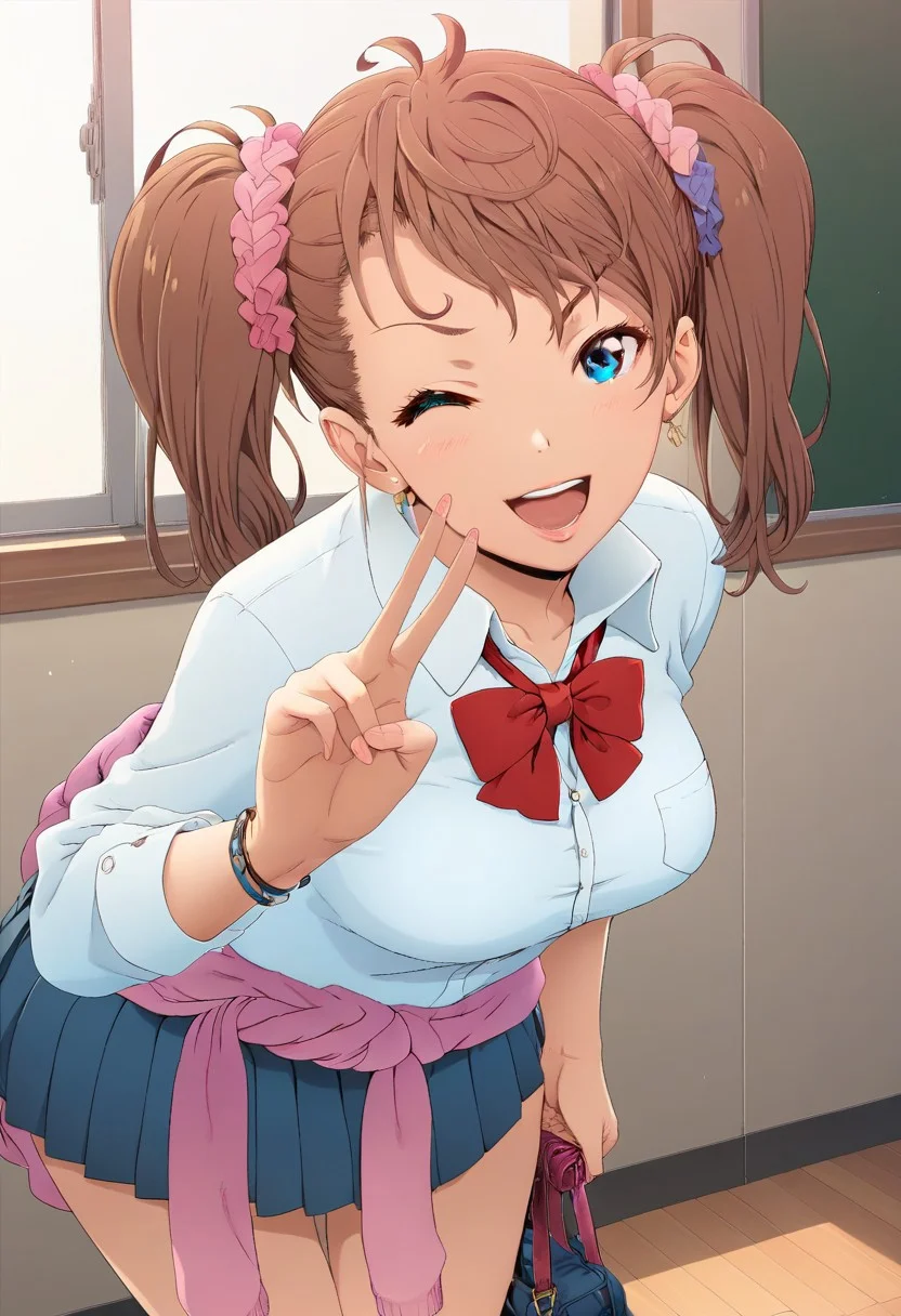 masterpiece,best quality, highly detailed, score_9, score_8_up, score_7_up, score_6_up, manga illustration,best quality,masterpiece, Master piece, illucinemic lighting, shinozuka_yuuji's style,1girl, brown hair, twintail, blue eyes, School uniform, red bowtie, hair ornament, clothes around waist, skirt, standing, leaning forward, wink, V, school room,