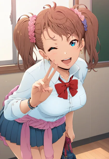 masterpiece,best quality, highly detailed, score_9, score_8_up, score_7_up, score_6_up, manga illustration,best quality,masterpiece, Master piece, illucinemic lighting, shinozuka_yuuji's style,1girl, brown hair, twintail, blue eyes, School uniform, red bowtie, hair ornament, clothes around waist, skirt, standing, leaning forward, wink, V, school room,