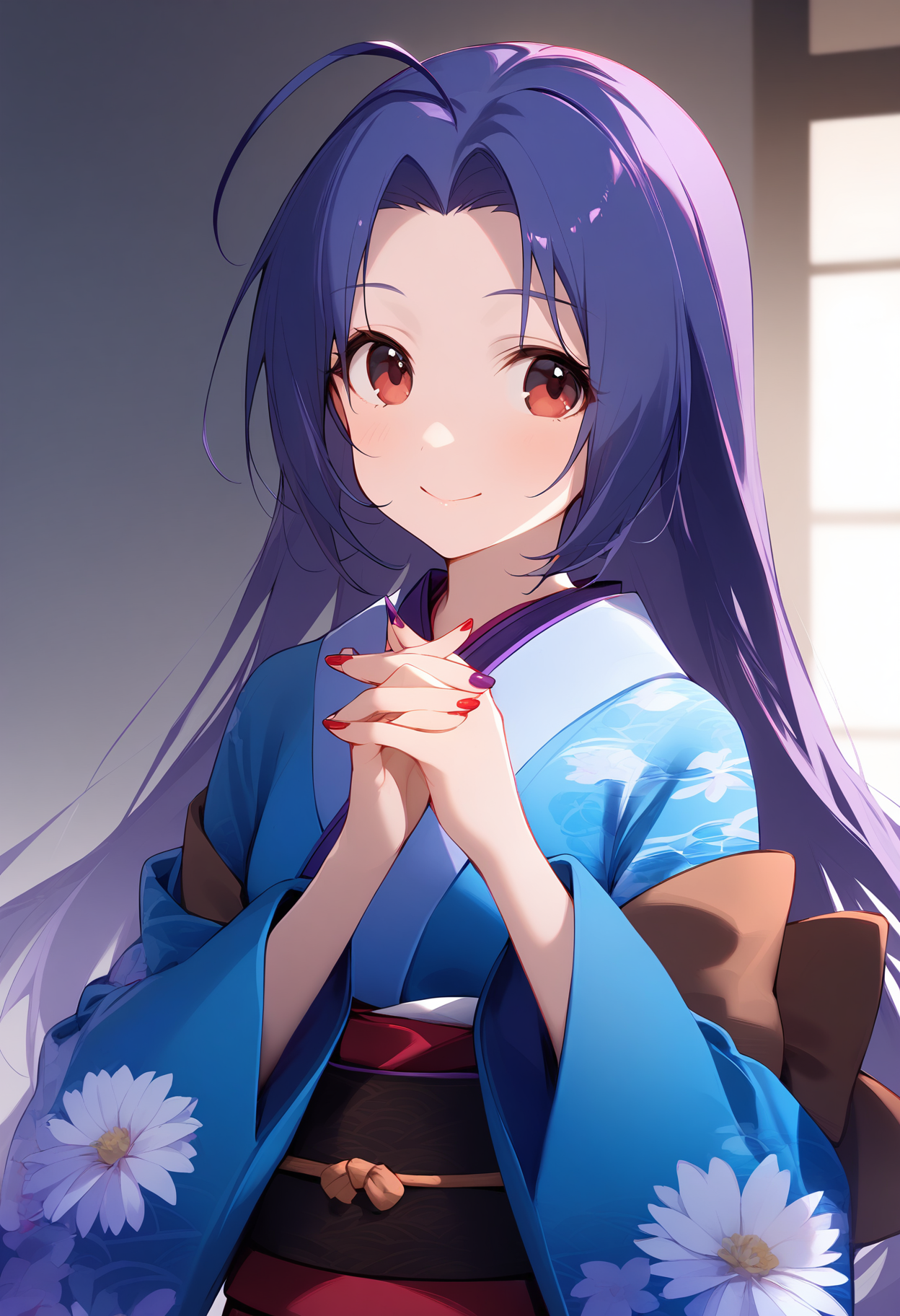 1girl,
miura azusa,


solo, ahoge, looking at viewer, sash, wide sleeves, purple hair, kimono, purple nails, hands up, brown sash, long sleeves, red nails, flower, upper body, long hair, hair between eyes, blush, nail polish, closed mouth, fingernails, own hands together, japanese clothes, smile, white flower, obi, interlocked fingers, brown eyes, floral print, blue kimono, print kimono, very long hair, palms together, red eyes,

sfw
<lora:a31_char_new_miura_azusa-000006:1> <lora:a31_style_koni-000010:0.8>