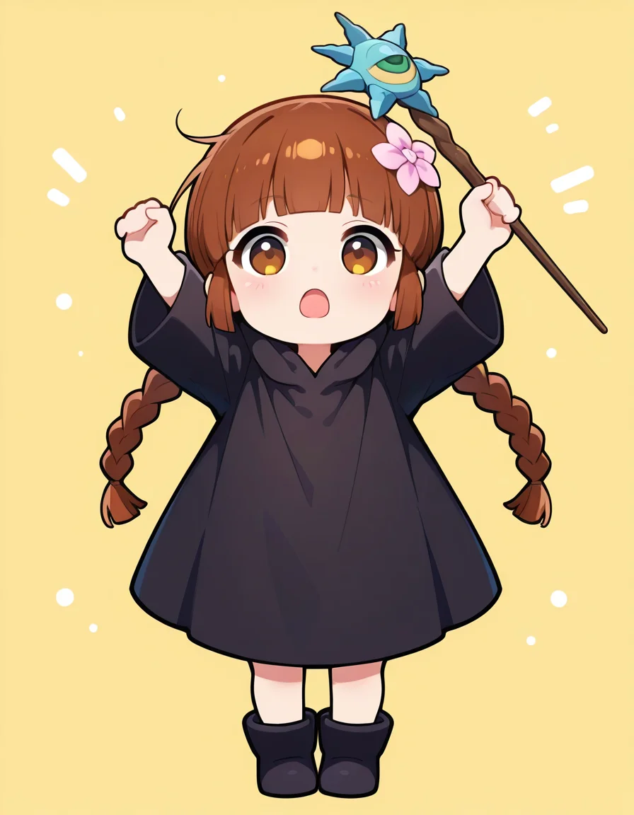 <lora:Grgrkukuri_SDXL_Illustrious01_fp16_ver01:1>,Grgrkukuri, blunt bangs,robe, braid, brown eyes, twin braids,brown hair,black robe,boots,hair flower,arms up, wand,open mouth, full body,chibi, masterpiece, best quality, very aesthetic, absurdres,<lora:detailed_hands:1>,hand