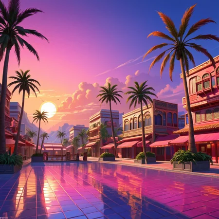 synthworld, oriental town square, palm trees, sunset
