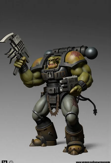 Score_9_up, absurdres, source: GamesWorkshop, grimdark, gothic horror, Warhammer 40000, a snarling ork is waving an axe in one hand and firing a machinegun in the other, lifelike, hyperrealism, perfect hands, perfect anatomy, project unreal engine