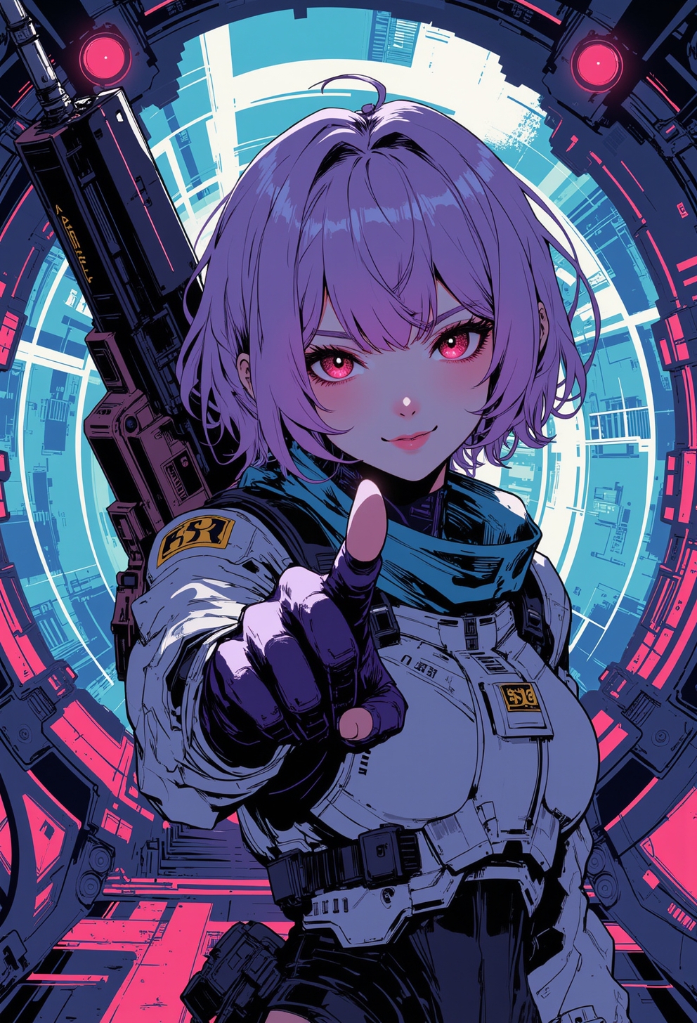 manga, anime, inksketch, vibrant digital illustration, A digital artwork in the style of cknc, upper body close up face shot of a mysterious wabi sabi cyberpunk siren looking at the viewer, direct eye contact. lavender hair, in a space suit. carries a heavy weapon on her shoulder, cute smile, pointing with her index finger at the camera, standing in the center of a futuristic, cylindrical corridor.
vibrant palette
S1n0z1ck style, A digital artwork in the style of bladerunner.
<lora:s1n0z1ck-flux-test-lora:0.3>  <lora:Anime v1.3:0.6>
<lora:ck-Sommo-Concept-Art:0.6>
<lora:ck-nc-pastel-cyberpunk:0.2>
<lora:ck-shadow-circuit:0.3>
<lora:ck-MetalGearSolid:0.45>