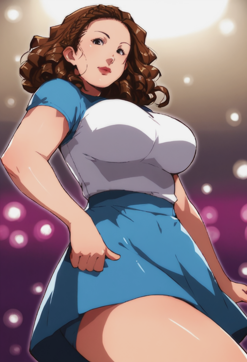score_9, score_8_up, score_7_up, 1girl, large_breasts, mature_female, portrait, solo, looking_at_viewer, open_eyes, Jumping with arms out to the side, perspective, (Alice blue shorts under skirt), curly hair, cornrows, Medium Brown hair, nightclub, wide_shot, rating_safe, <lora:pony\artist_styles\ganto_pony:1.0>