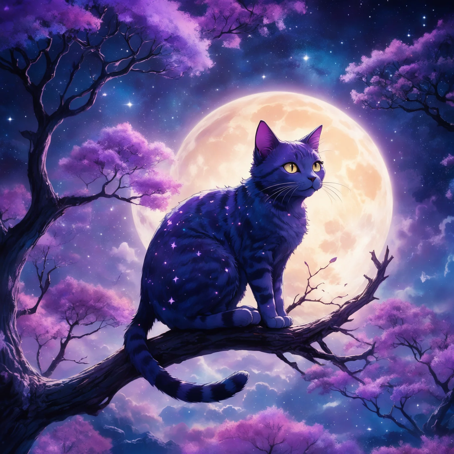 Studio Ghibli anime style, whimsical night scene, cat on a tree branch, crescent moon, surreal purple hues, starry sky, glowing light, ethereal atmosphere, high detail, soft textures, dreamlike, vibrant colors, high contrast