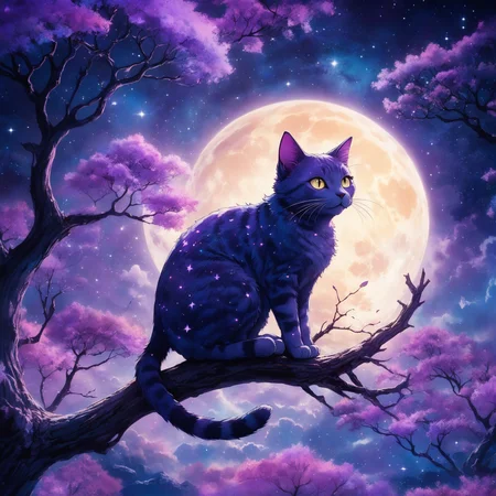 Studio Ghibli anime style, whimsical night scene, cat on a tree branch, crescent moon, surreal purple hues, starry sky, glowing light, ethereal atmosphere, high detail, soft textures, dreamlike, vibrant colors, high contrast