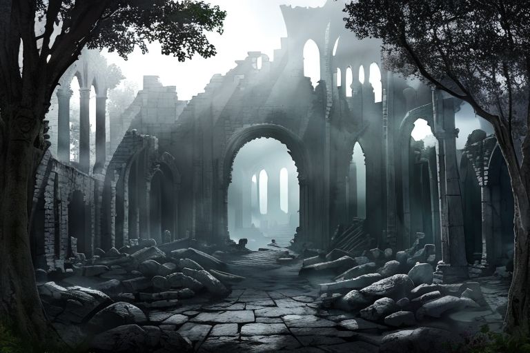 (masterpiece:1.2), (best quality,:1.2), 8k, HDR, ultra detailed, ((photorealistic)), professional light, cinematic lighting, fashion photography, ambient lighting,<lora:detail_slider_v4:3>, sinister ruins in a dark forest, FanRu <lora:FantasyRuins-10:0.7>, epiCPhoto