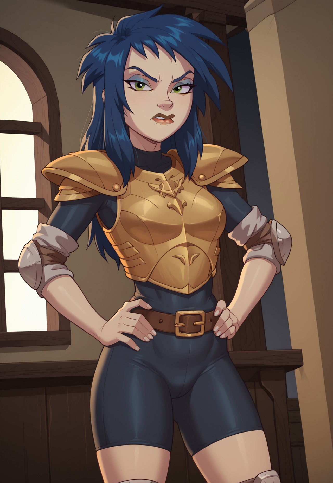 <lora:KylieGPony1.0:0.9> kylie, 1girl, solo, blue hair, makeup, green eyes, long hair,  lipstick, style parody, show accurate hair, score_9, score_8_up, score_7_up, score_6_up, score_5_up, score_4_up, looking at viewer, masterpiece, good quality, best quality, original style, highly detailed, screencap, indoors, hands on hips, pouting, scowl, medium breasts, shoulder armor, knee pads, armor, bodysuit, window lighting, dramatic lighting, well lit, high res image, night, Dutch angle