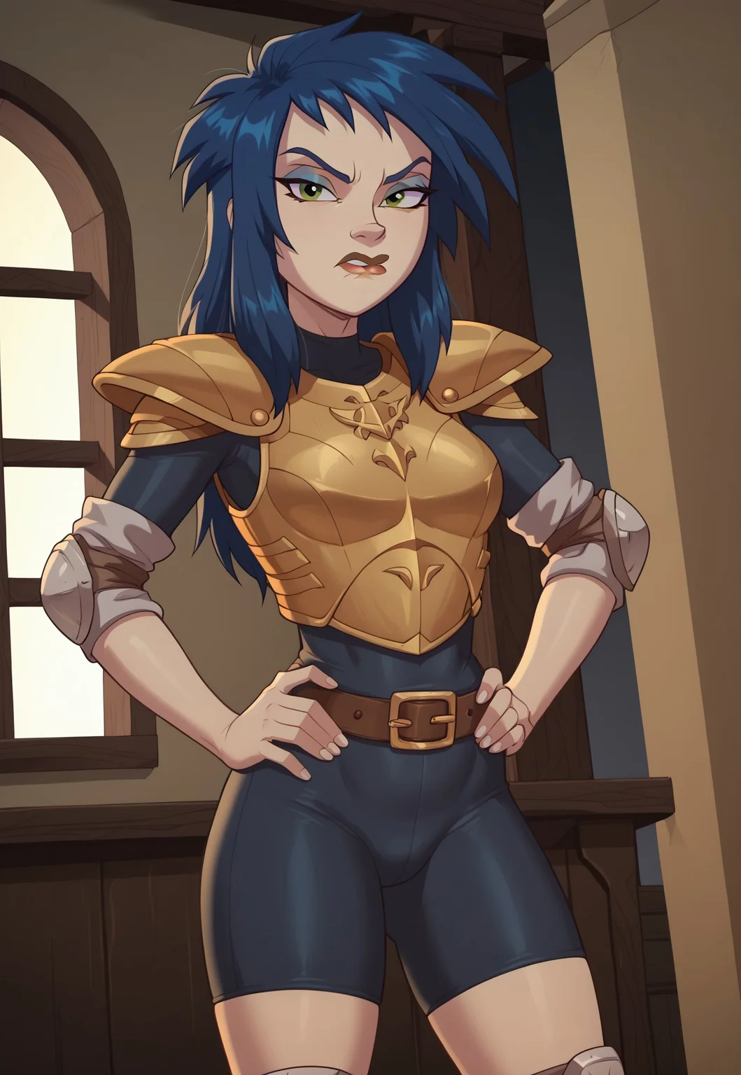 <lora:KylieGPony1.0:0.9> kylie, 1girl, solo, blue hair, makeup, green eyes, long hair,  lipstick, style parody, show accurate hair, score_9, score_8_up, score_7_up, score_6_up, score_5_up, score_4_up, looking at viewer, masterpiece, good quality, best quality, original style, highly detailed, screencap, indoors, hands on hips, pouting, scowl, medium breasts, shoulder armor, knee pads, armor, bodysuit, window lighting, dramatic lighting, well lit, high res image, night, Dutch angle