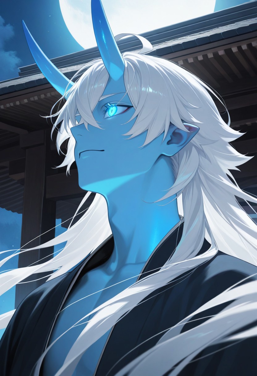 1boy, Hikigaya Hachiman //(Oregairu//) solo, male focus, masterpiece, best quality, black and blue montsuki, japan architecture, white hair, long hair, blue eyes, glowing eyes, oni, blue oni horns, light icy blue skin, smooth anime boy, portrait, fine detail, great composition, dynamic light, atmosphere, vivid colors, detailed, cinematic, strong background, aesthetic, very inspirational, glowing, rich deep color, clear excellent
