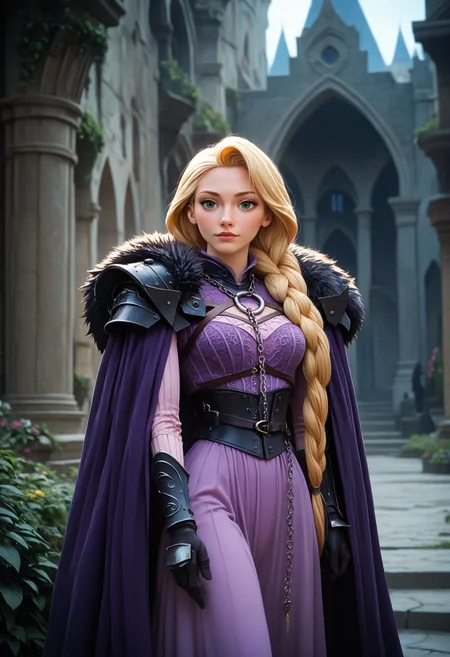 score_9, score_8_up, score_7_up, score_6_up, adult woman, solo, L4DY , rapunzel, very long blonde braid, purple:1.2 dress, english fashion, (chain leash), purple dress, cincher, armor, cloak, fur trim, gloves, <lora:LOW-60-PDXL:0.8>