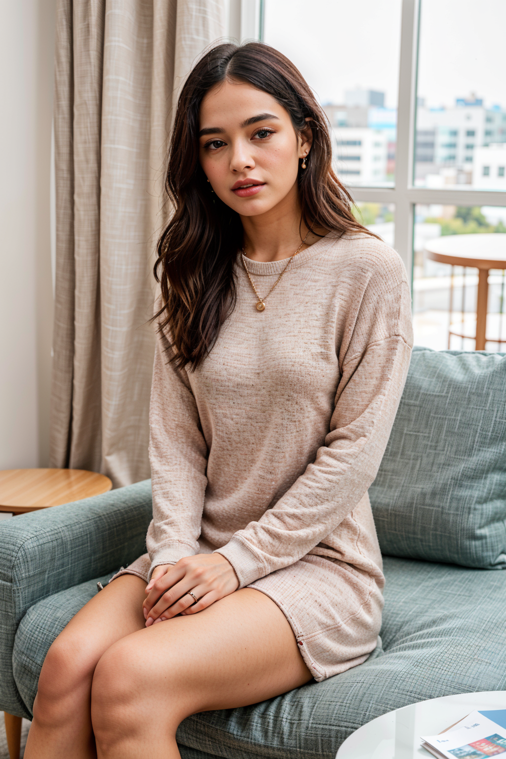 a beautiful college girl, irresistible, wearing relaxed mini dress, sitting in cozy living room, (casual:1.2), pale skin, blush, detailed skin, innocent, natural lighting, film grain, retro, (bokeh:1.3), Porta 160 color, shot on ARRI ALEXA 65, sharp focus on subject, Fujifilm XT-3, <lora:picxer_real:0.8>, <lora:detail_slider_v4:1>  <lora:btrelmidr:0.7>