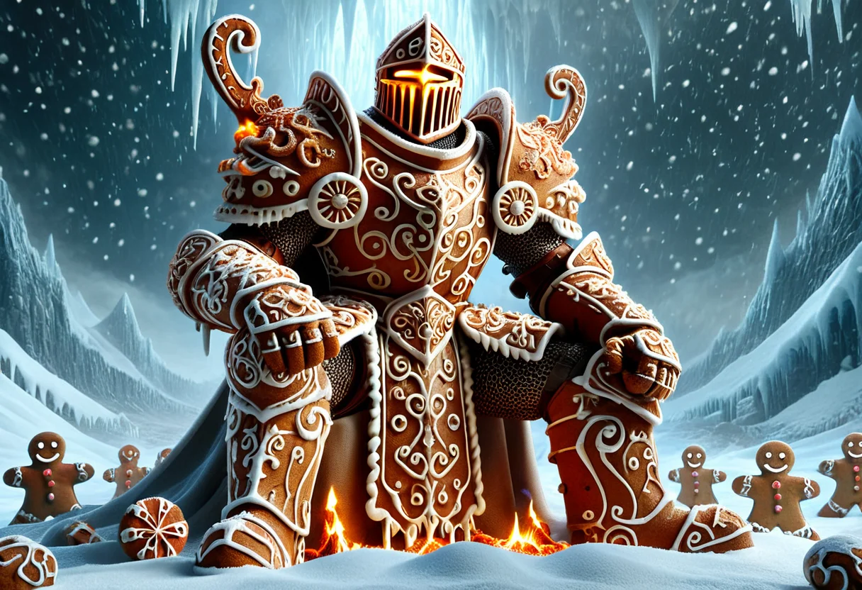 GBKnight, masterpiece, best quality, stunning detail, highly aesthetic, absurdres, Highly detail CGI artwork in low angle, Amid the fury of the frozen land, a colossal figure, a gingerbread knight, sits powerfully on a throne carved from bones, etched with glowing runes that crackle faintly with flesh and bloods. The throne is massive and imposing, its jagged edges reflecting the fury of storms. Clad in flaming gingerbread armor that gleams like burnished gingerbread. Lava rivets trace the curves of the cuirass, as though the swirling mist wraped upon it. Beside the knight there is a bloody sword sticking into the ground, his has one hand on top of the swords pommel. His glowing gaze cuts through the darkness with unshakable confidence, eyes alight with an inferno that defies the dark. The howling wind tears at the fabric of the world itself, threatening to swallow everything in its relentless grasp.