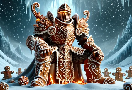GBKnight, masterpiece, best quality, stunning detail, highly aesthetic, absurdres, Highly detail CGI artwork in low angle, Amid the fury of the frozen land, a colossal figure, a gingerbread knight, sits powerfully on a throne carved from bones, etched with glowing runes that crackle faintly with flesh and bloods. The throne is massive and imposing, its jagged edges reflecting the fury of storms. Clad in flaming gingerbread armor that gleams like burnished gingerbread. Lava rivets trace the curves of the cuirass, as though the swirling mist wraped upon it. Beside the knight there is a bloody sword sticking into the ground, his has one hand on top of the swords pommel. His glowing gaze cuts through the darkness with unshakable confidence, eyes alight with an inferno that defies the dark. The howling wind tears at the fabric of the world itself, threatening to swallow everything in its relentless grasp.