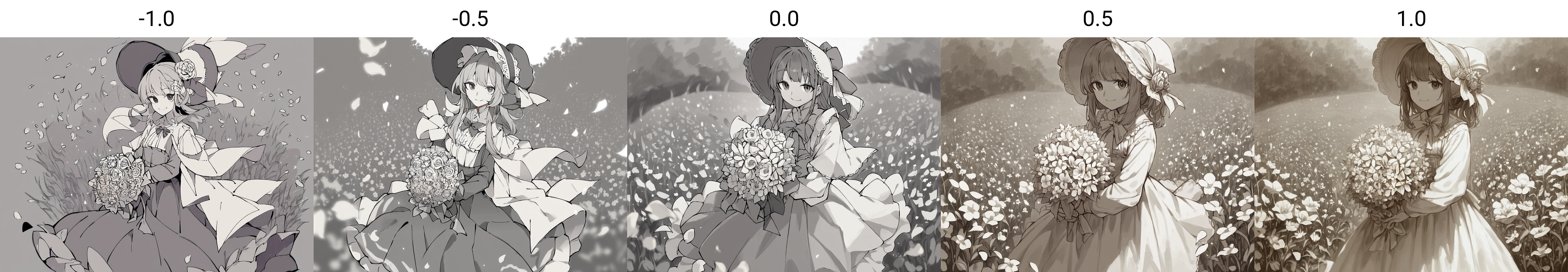 score_9, score_8_up, score_7_up, score_6_up, score_5_up, score_4_up, rating_safe, source_anime, 1girl, solo, long_hair, looking_at_viewer, smile, bangs, skirt, shirt, long_sleeves, hat, dress, bow, holding, closed_mouth, flower, frills, hair_flower, petals, bouquet, holding_flower, center_frills, bonnet, holding_bouquet, flower field, flower field, lineart, monochrome<lora:Pony_DetailV1.0:-1.0>