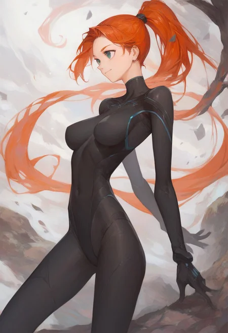 score_9, score_8_up, score_7_up,
1girl, very thin black Unitard, ginger hair, long ponytail