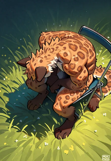 safe_pos, masterpiece, best quality, newest, very aesthetic, absurdres, very awa, 1boy, solo, leopard, anthro, fluffy, bara, sitting, folding chair, from above, depressed