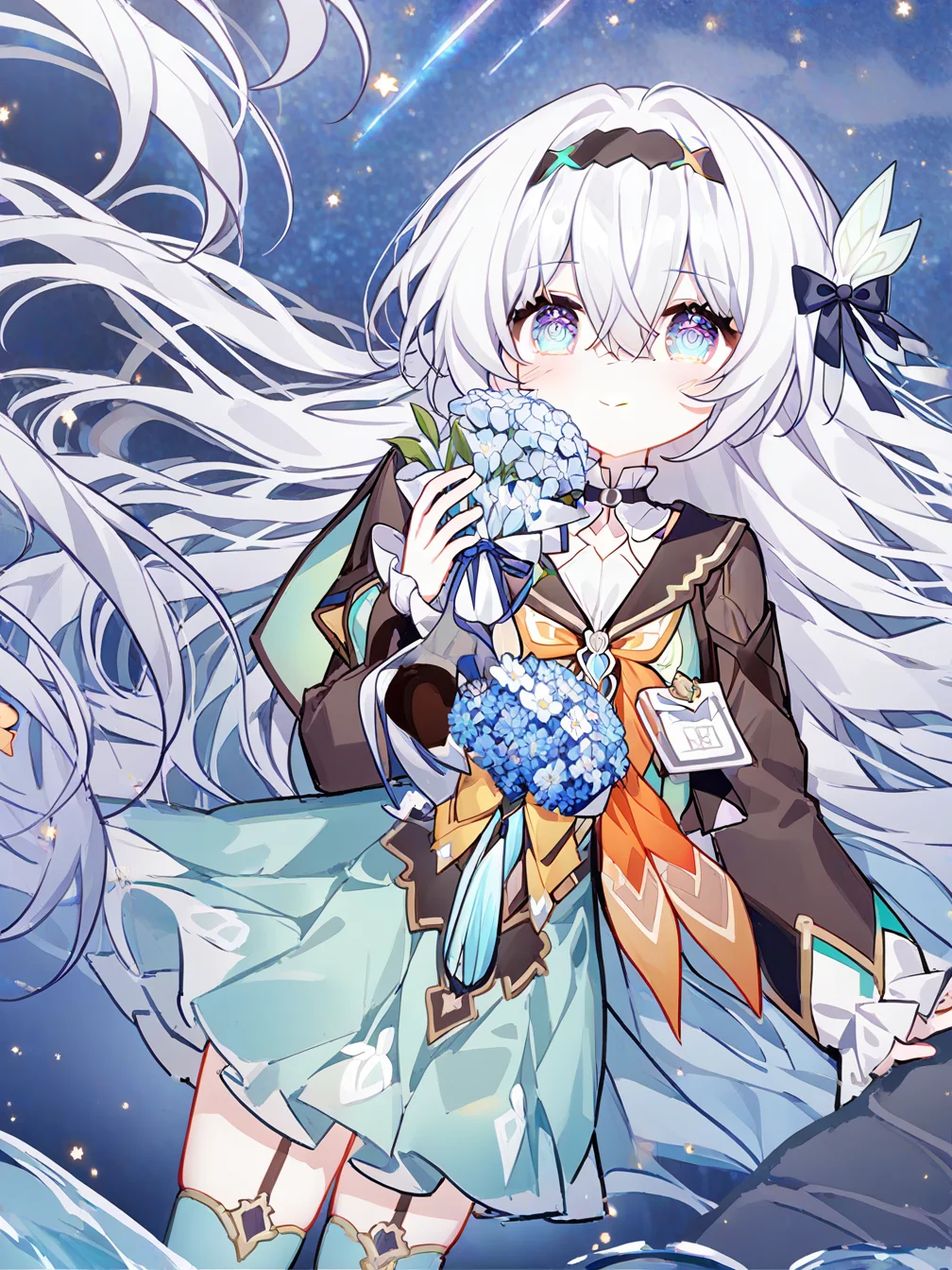 1girl,firefly \(honkai: star rail\),solo,orange neckerchief,thighhighs,long hair,skirt,smile,looking at viewer,hairband,neckerchief,blue eyes,flower,pleated skirt,lying,closed mouth,hair intakes,shooting star,black jacket,ripples,black hairband,blue thighhighs,long sleeves,blue flower,jacket,white hair,bouquet,holding,ribbon,hair between eyes,water,hair ribbon,miniskirt,shirt,hair spread out,aqua skirt,sidelocks,zettai ryouiki,holding bouquet,blush,from above,blue skirt,star \(sky\),yellow neckerchief,water,ocean, 
<lora:ag31-guo_jiang_mullay_2-000024:0.9>,