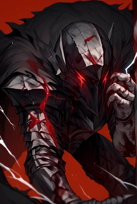 score_9, score_8_up, score_7_up, source_anime, looking at viewer, 
<lora:GutsPdxlDwnsty:1>, Guts_Berserker, helmet, red eyes, glowing, black armor, full armor, clawed gauntlets, claws, torn cape, blood on clothes, 
red background, cineamtic lightning,