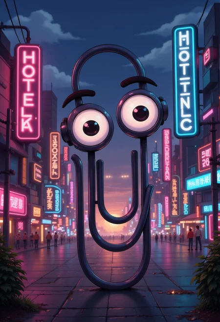 A digital artwork in the style of cknc, clippy with big eyes in front of a hotel at sundown. vast cyberpunk city.
