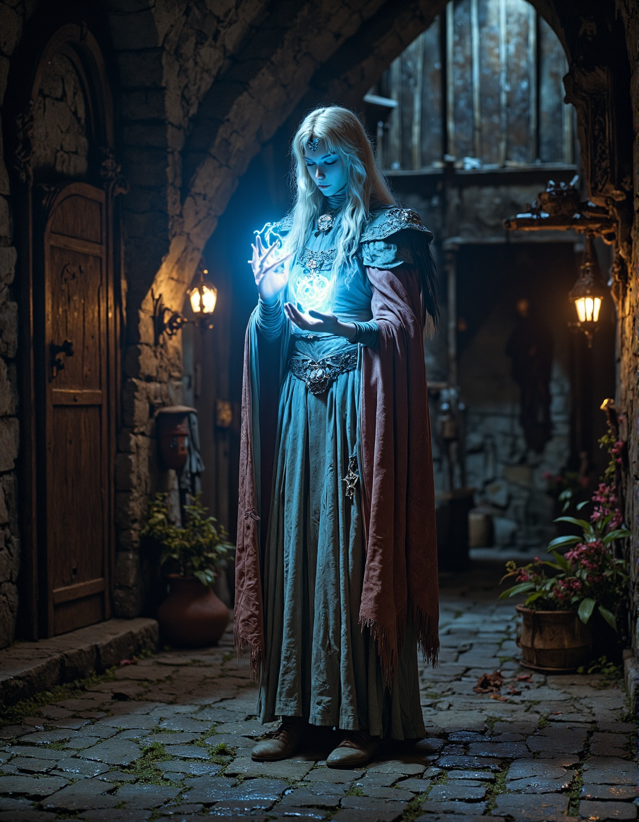 {<lora:models\Flux\FluxMythP0rtr4itStyle:0.7> MythP0rt,|<lora:models\Flux\80sFantasyMovie2:0.8> ArsMovieStill, 80s Fantasy Movie Still,, Intricately textured, hyper-realistic 3D closeup, in a style reminiscent of high-definition 8K UHD cinematic photography. A hero, dressed in a long coat and a long coat, stands in a dimly lit alleyway. The sign on her hand glows with an otherworldly light, illuminating the darkness around her. The scene is set in a medieval castle, with a rusted castle and a rusted door. The scene is filled with a sense of mystery and intrigue, as the witch's mark lingers in the air.