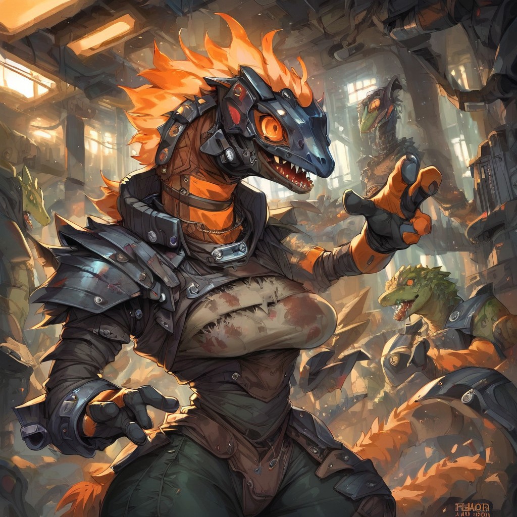 score_9, score_8_up, score_7_up, bad_prompt_version2, zoom in on upper body, torso focus, anthro lizard, monster, scales, tail, medium-small tits, medium breasts, saggy breasts, natural tits, extremely detailed, exoskeleton, blue and orange and white colors, wide hips, thick thighs, tonal value, <BREAK>
 futuristic machinery, soft lighting, inside a factory, junk and scrap, landscape is littered with parts of machines, overcast sky, bulky mechanical collar around neck, bulky mechanical cuffs around arms, shoulder mounted cannon, dark overcast skies, cybernetic architecture, armor, <BREAK>
 fighting, gesturing. battle damage, horror, upper body shot, reaching out, action shot