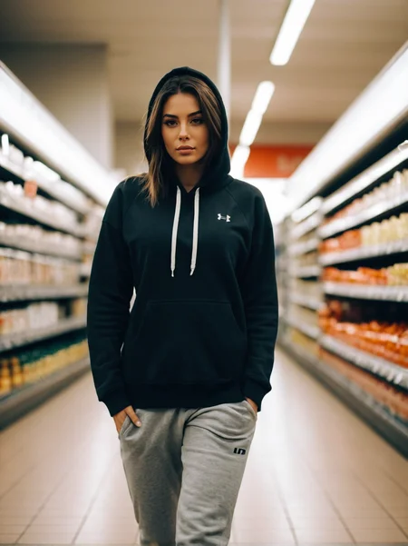 A dynamic cinematic photograph of Jenna_Sims_P_MXAI_SDXL:1.2 , bored expression, wearing a hoodie, wearing yoga pants, wearing sneakers, in a supermarket, walking towards the camera, looking down,, SK_CINEMATIC, ziprealism