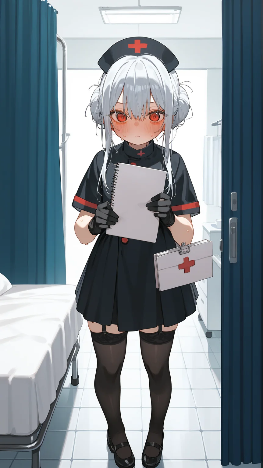 score_9,score_8_up,score_7_up,
1girl,solo,
<lora:Beijuu-Pony-V1:1>,Beijuu,
white_hair,red eyes,long hair,long bangs,hair between eyes,hair bun,tareme,child,
nurse cap,black_cap,nurse_outfit,black dress,black gloves,black thighhighs,garter straps,black footwear,
blush,sweat,flustered,
standing,holding notebook,
hospital bed,tile floor,