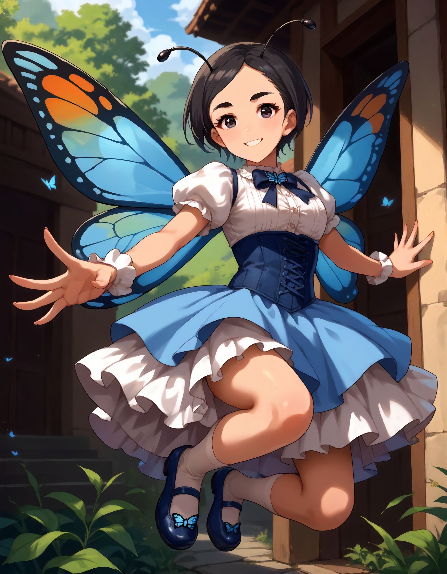 score_9,score_8_up,score_7_up,1girl,solo,floating,outstretched arms,looking at viewer,smile,lepidopteran,
<lora:matsuochizuru_ponyXLV6:0.8>,cgmc,black hair,short hair,parted bangs,thick eyebrows,black eyes,
antennae,white shirt,puffy short sleeves,blue corset,butterfly wings,blue shoes